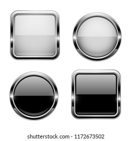 Black and white buttons with chrome frame. Round and square glass shiny 3d icons. Vector illustration isolated on white background