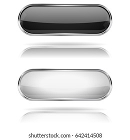 Black and white buttons set. Shiny glass icons with reflection. Vector 3d illustration on white background