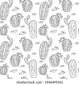 Cactus en blanco y negro. Estilo Doodle. Ilustración sobre fondo blanco. Patrón transparente del vector