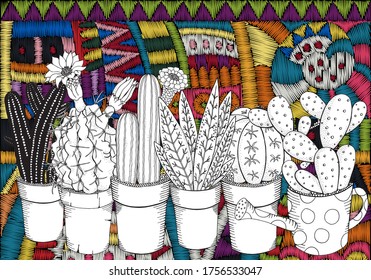 Black and white cacti. Embroidery pattern. Adult Coloring book page. Prickly pear, agave, saguaro, cactus flower.