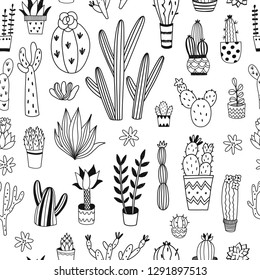 Black and white cacti seamless pattern. Vector background with cute hand drawn outline succulents and tropical plants