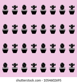 Black and white cactus. 8 bit. Pixel vector illustration. Seamless pattern. Repeating wallpaper.