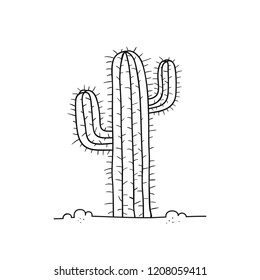 Black and white cactus in desert. Vector hand-drawn cartoon style illustration isolated on white background. Can be used as a print on t-shirts, bags, stationery, posters, greeting cards