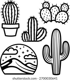 Ilustrações de cactos preto e branco paisagem do deserto
