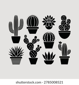 Black and white cactus plants in pots succulent vector illustration isolated on beige background.