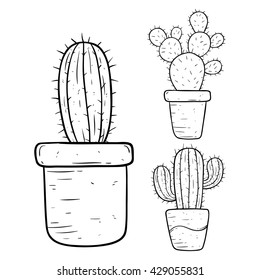 Black and White Cactus in Pot With Doodle or Hand Drawing Style