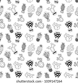 black and white cactus in seamless pattern with doodle style on white background