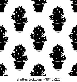 Black and white cactus seamless pattern, vector background