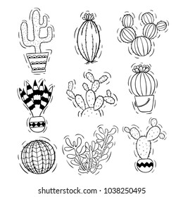 black and white cactus set with pot using doodle style 