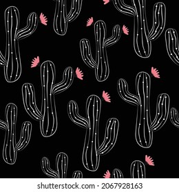 Black and white cactus. Vector illustration. Seamless pattern. Repeating wallpaper.