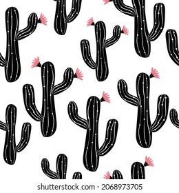 Black and white cactus. Vector illustration. Seamless pattern. Repeating wallpaper.