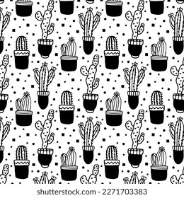 Black and white cactus. Vector illustration. Seamless pattern. Repeating wallpaper.