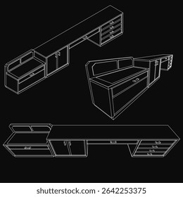 Black and white CAD drawing of an office desk with detailed drawers and cabinets, featuring intricate lines and realistic curves. Part of a furniture collection, ideal for architectural or interior.