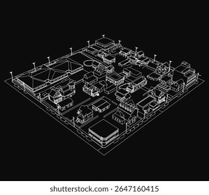 A black and white CAD model of a commercial building featuring multiple rows of windows, clean architectural lines, and a structured facade. The detailed technical drawing highlights