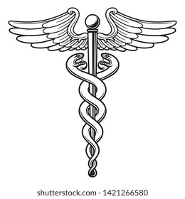 Black and white Caduceus sign on the white background. 