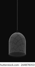 Uma luz pingente de gaiola preta e branca paira elegantemente do teto, suspensa por um fio fino. O brilho quente cria um ambiente acolhedor no quarto. O design geométrico acrescenta um toque moderno a qualquer um.