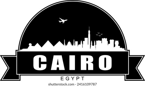 Black and white Cairo Egypt city buildings skyline negative air space silhouette dome shaped emblem with scroll banner below and name text inside. Vector eps graphic design.