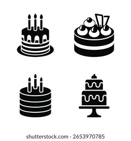 A black and white cake with candles icon vector set