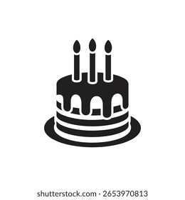 A black and white cake with candles icon vector
