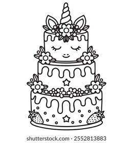 black and white cake line art drawing for children colouring book page