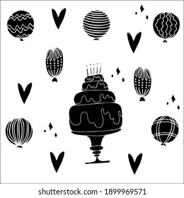 pastel blanco y negro con globos y corazones
