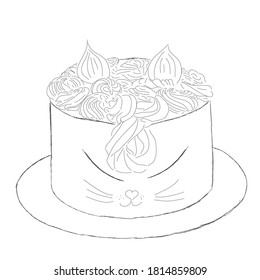 black and white cake with a unicorn. muzzle, eyes.  vector eps 10. cream, patterns, cream cheese. children's birthday. design of a greeting card. cute kawaii.