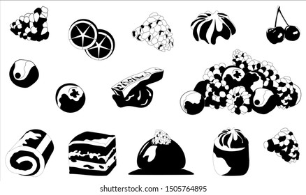 Black and white cakes on a white background. Logos and icons of sweets. Vector sketch, sketch for design, print, posters, banners, cards, menu.