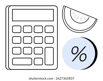 Black and white calculator, blue percentage sign, and a slice of pie. Ideal for financial planning, budgeting, accounting, business analysis, educational tools, cost estimation, and profit