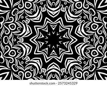 Black and white caleidoscope classic gradient flower art pattern of traditional tenun batik ethnic dayak ornament for wallpaper ads background sticker or clothing	