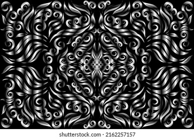 Black and white caleidoscope gradient abstract line art pattern of indonesian culture traditional tenun batik ethnic dayak ornament for wallpaper background ads