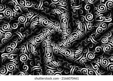 Black and white caleidoscope gradient abstract line art pattern of indonesian culture traditional tenun batik ethnic dayak ornament for wallpaper background ads