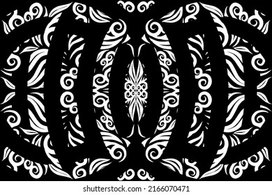 Black and white caleidoscope gradient abstract line art pattern of indonesian culture traditional tenun batik ethnic dayak ornament for wallpaper background ads