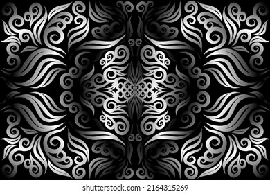 Black and white caleidoscope gradient flower art pattern of indonesian borneo traditional tenun batik ethnic dayak ornament