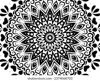 Black and white caleidoscope gradient flower art pattern of indonesian batik ethnic dayak ornament 