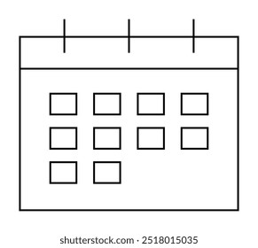 Calendário preto e branco com um layout de grade com quadrados de dias individuais e três guias suspensas. Ideal para organização, planejamento, programações, eventos e gerenciamento de tempo. Claro e minimalista de