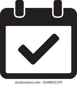 A black and white calendar icon displaying a check mark symbolizing completion success or a confirmed event for business or project tasks