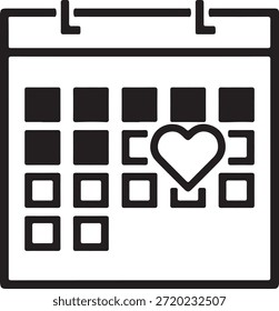 Un icono de calendario en blanco y negro con un corazón que marca una fecha significativa, ideal para recordatorios de eventos especiales.