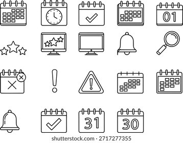 Conjunto de iconos de calendario y notificación en blanco y negro, estilo de línea mínimo, símbolos de interfaz de usuario para programación, alertas, recordatorios, herramientas de clasificación, búsqueda y planificación digital, aislados sobre fondo blanco
