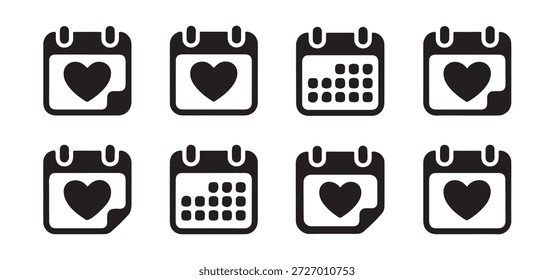 Colección de Vector de calendario en blanco y negro con símbolos de corazón para horarios de citas y gestión de eventos de amor