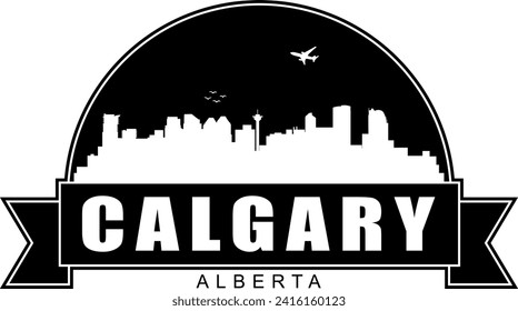 Black and white Calgary Alberta Canada city buildings skyline negative air space silhouette dome shaped emblem with scroll banner below and name text inside. Vector eps graphic design.