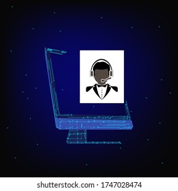Black and white call center operator icon. Banner for advertising web sites on the Internet. Space background with computer.