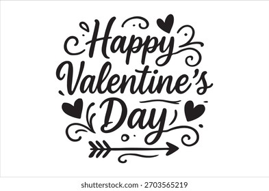 A black and white calligraphy design displaying “happy valentine’s day” with heart motifs.