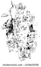 Black and white calligraphy. Mix of portraits and strokes, background, print on a t-shirt or design of printed materials.