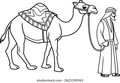 Desenho a Camelo Preto e Branco para colorir página. Arte tradicional da linha de cena do Oriente Médio, Homem com Camelo em arte vetorial do deserto Projeto de ilustração
