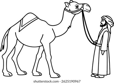 Desenho a Camelo Preto e Branco para colorir página. Arte tradicional da linha de cena do Oriente Médio, Homem com Camelo em arte vetorial do deserto Projeto de ilustração