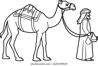 Desenho a Camelo Preto e Branco para colorir página. Arte tradicional da linha de cena do Oriente Médio, Homem com Camelo em arte vetorial do deserto Projeto de ilustração