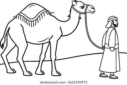 Desenho a Camelo Preto e Branco para colorir página. Arte tradicional da linha de cena do Oriente Médio, Homem com Camelo em arte vetorial do deserto Projeto de ilustração