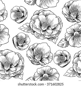 Black and white camellia.Vector seamless pattern