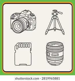 Black and white camera equipment set including dslr, tripod, lens, and memory card illustration