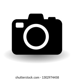 Black and white camera icon, flat photo camera vector isolated with vector shadow. Modern simple snapshot photography sign. Photo internet concept. Trendy symbol for website design, web button, mobile
